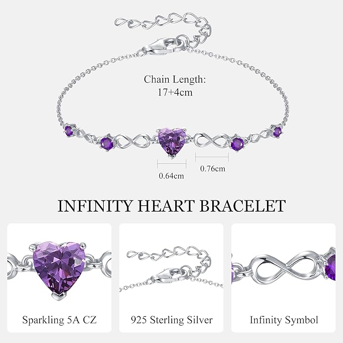 G&GEMSJEW Infinity Heart Birthstone Bracelets for Women, 925 Sterling Silver Women Charm Link Bracelet Adjustable, Birthday Anniversary Christmas Jewelry Gifts for Women Wife Mom Girlfriend Her
