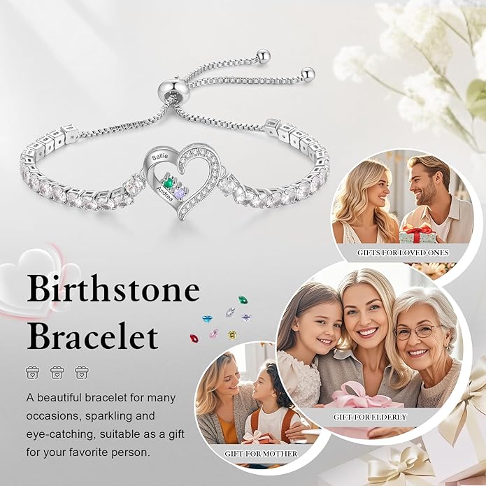 Personalized Name Birthstone Bracelet for Women, Mothers Bracelet with Birthstones, Mothers Day, Christmas, Birthday Gift for Mom Grandma Wife