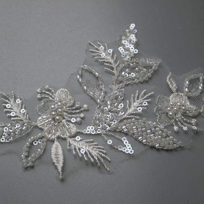 G-RUI 2yard Sequins Beaded Flower Embroidery lace Appliques for Wedding Dresses Rhinestone Applique Patches lace Trims parches ropa (Off White) (P3403A)