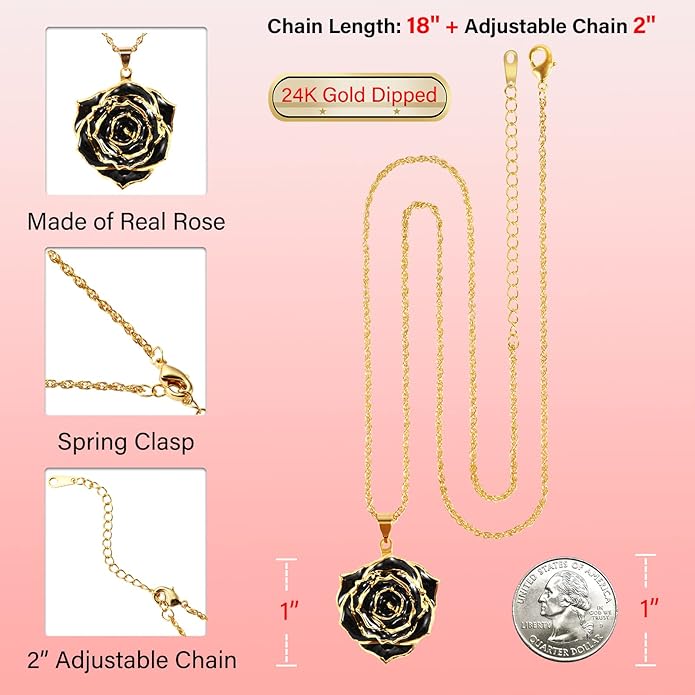 AliveRose Real Rose Gold Dipped Necklace Gifts for Women, 24K Gold Dipped Rose Pendant Necklace Jewelry Mothers Day Anniversaries Birthday Christmas Special Occasions Gifts for Her Mom Wife