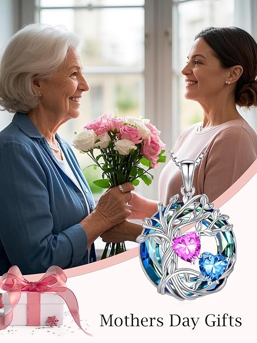TOUPOP s925 Sterling Silver Family Celtic Tree of Life Pendant Necklaces with 2 Heart Birthstone with Blue Austrian Crystal Jewelry Birthday Anniversary Christmas Gifts for Her Wife Girlfriend Mom (18K Real White Gold Filled)