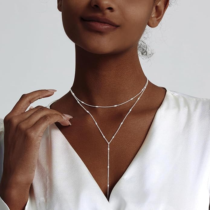 HAXIYA Lariat Gold Necklace for Women Dainty Long Necklace 14k Gold Plated/Silver Y-Shaped Pendant Drop Chain Trendy Layered Pearl/Beaded/CZ Necklaces Simple Gold Jewelry For Women Gift
