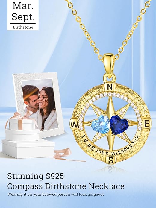 Zeuslia Double Birthstone Necklace Gifts for Wife - 925 Sterling Silver Sunflower/Rose/Crown Cross/Compass/Heart Pendant I Love You Necklace, Anniversary Birthday Gifts for Wife Girlfriend Mom Her