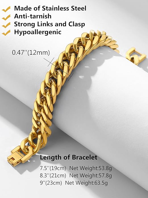 8/12/17mm Wide Cuban Link Bracelet for Men Father Gift 18K Gold/Black Plated Stainless Steel Bracelets 7.4-9 Inches(Gift Wrapped)