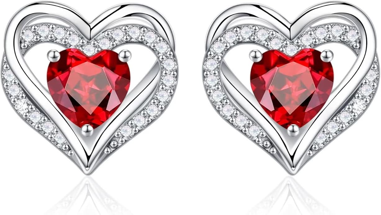 Iefil Birthstone Earrings for Women, 925 Sterling Silver Heart Stud Earrings Birthday Gifts for Women