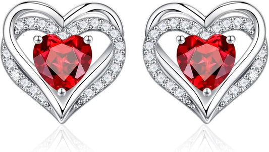 Iefil Birthstone Earrings for Women, 925 Sterling Silver Heart Stud Earrings Birthday Gifts for Women
