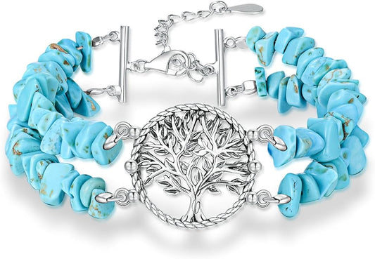 Boho Genuine Turquoise Bracelet for Women Western 925 Sterling Silver Gemstone Tree of Life Dream Catcher Sunflower Bracelets Jewelry for Her