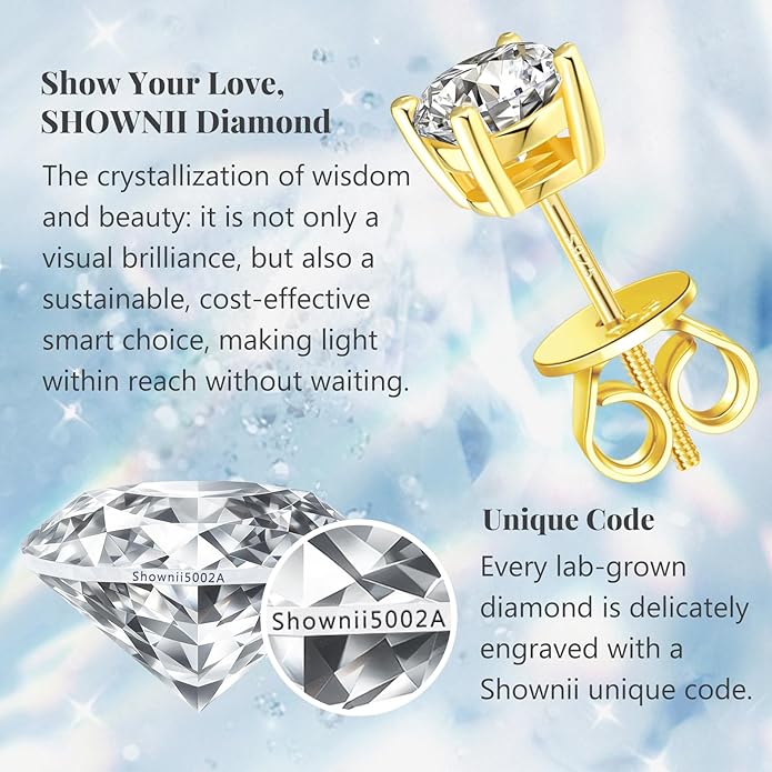 SHOWNII Diamond 4-Prong Lab-Grown Diamond Stud Earrings for Women 0.5CT 1CT 14K Gold Plated S925 Sterling Silver Screw Back Earrings(I-J Color, S1-VS2 Clarity)