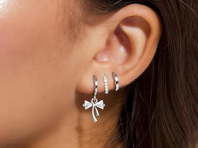 DORANA Valentines Day Gift 3 Pairs 925 Sterling Silver Earrings for Women Girls Non Tarnish Small Hypoallergenic Huggie Hoops Cartilage Stack Earring Sets for Multiple Piercing