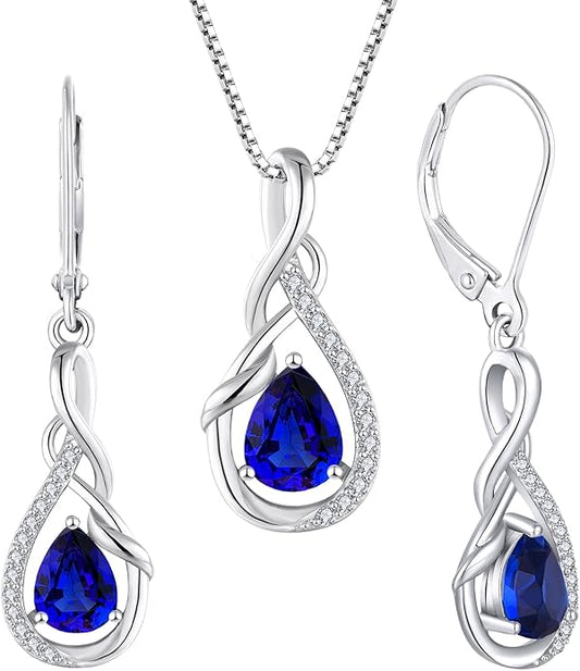 STARCHENIE 925 Sterling Silver Necklace Dangle Earrings for Women Infinity Twisted Teardrop Pendant September Birthstone Created Sapphire Jewelry Set