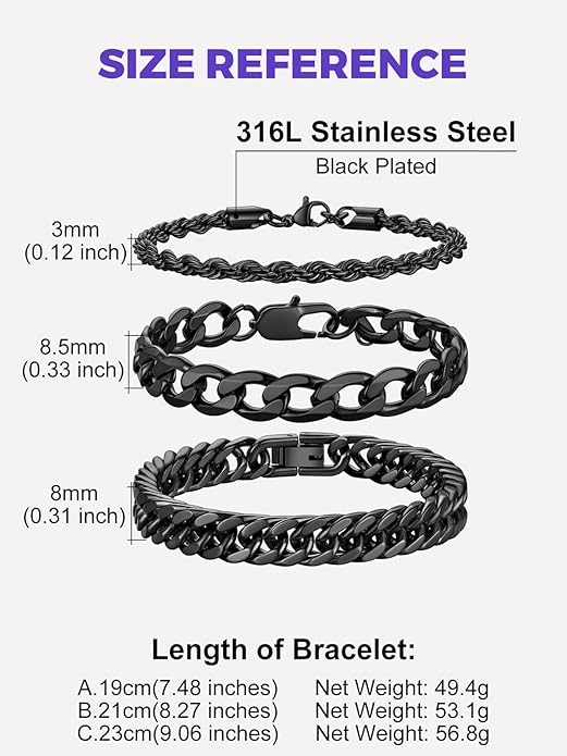 Richsteel 2PCS/3PCS Bracelets Chain for Men Women Stainless Steel Silver/Gold/Black Cuban/Rope Link Chain Bracelets Set, 7.4/8.2/9 Inch Hand Chain Length for Men Women Jewelry