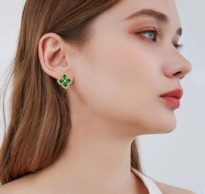 VONSSY Four Leaf Clover Necklace Earrings Shamrock Irish ST Patricks Jewelry Set Gift Green Emerald Zircon Crystal Stud 18k Gold Plated Chain Saint Pendant for Woman Wife Girlfriend