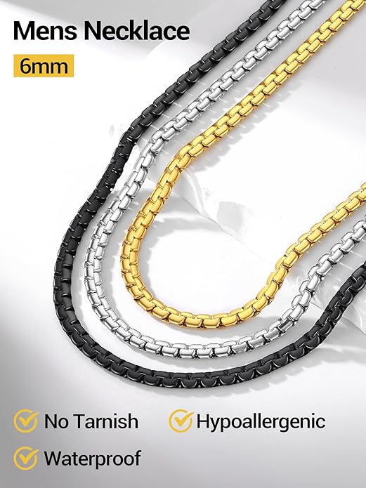 PROSTEEL Stylish Stainless Steel Round Link Chain Necklace for Men, 2mm/4mm/6mm/8mm. Silver/Gold/Black Tone, Hypoallergenic Jewelry, 14"-30", Come with Box