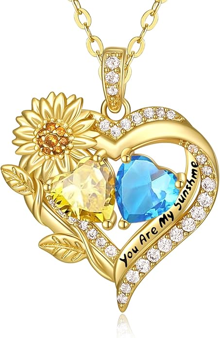 Sunflower Heart Necklace for Women 14K Gold Exquisite Anniversary Birthday Gifts for Wife Mother Her Double Birthstone Pendant jewelry‘You Are My Sunshine’