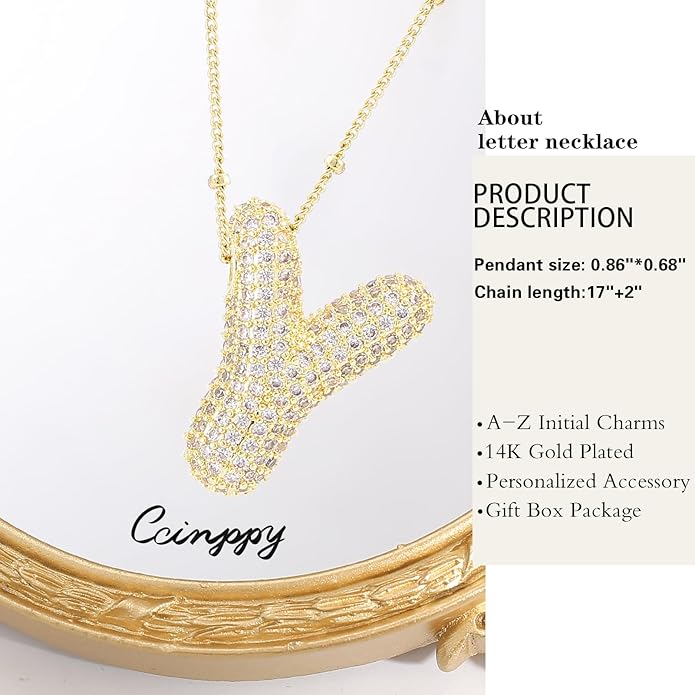 Letter Necklace, 14k Gold Plated Bubble Balloon Dainty Necklace for Women, Chunky Initial Charm Pendant Name Necklace Personalized