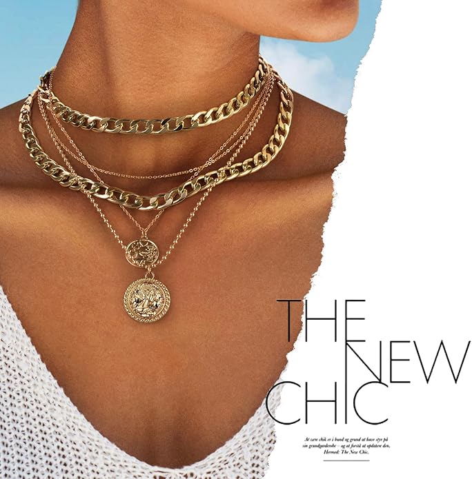 MJartoria Layered Necklaces for Women Trendy Retro Coin Pendant Necklace Dainty Chunky Chain Choker Necklaces for Jewelry Birthday Gifts