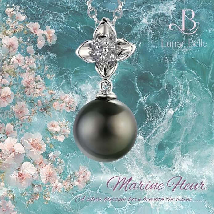 Lunar Belle Tahitian Black Jewelry Pearl Pendant Necklace in Sterling Silver, Luxury Wedding Christmas Gift for Women Mother Wife (Marine Fleur)