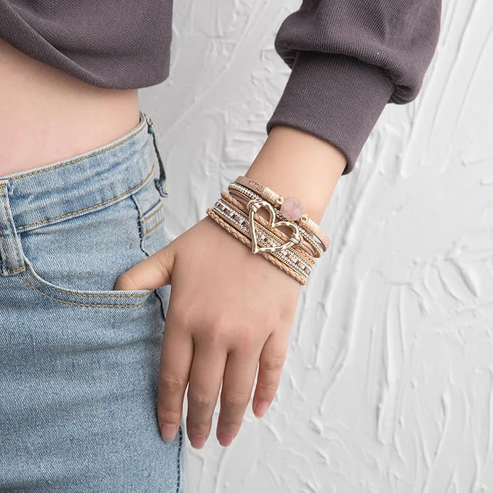 Rantanto Braid Leather Wrap Bracelet Trendy Stackable Crystal Cuff Boho Gold Heart Bracelet Jewelry Gift For Women