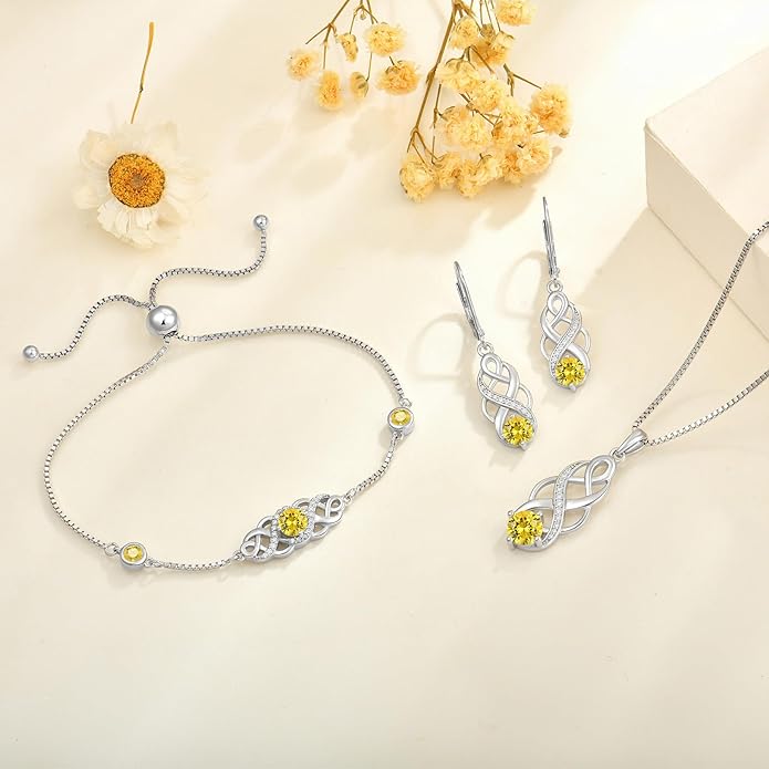 Infinity Irish Celtic Knot Jewelry Set for Women Citrine Necklace & Earrings & Bracelet November Birthstone Jewelry Gifts