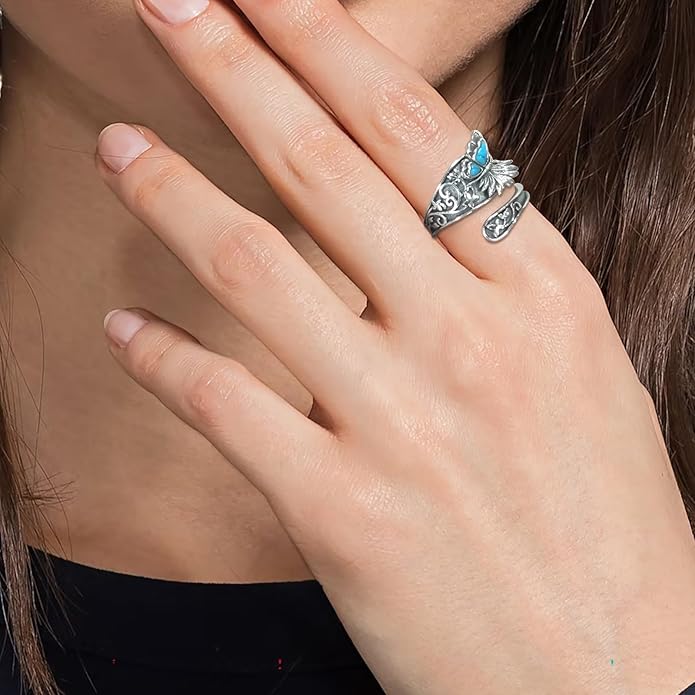 S925-Sterling-Silver Abalone Dragonfly-Turquoise Spoon Ring - Vintage Boho Sunflower Thumb Oxidized Wrap Rings Victorian Style Antique Floral Jewelry Gifts for Women