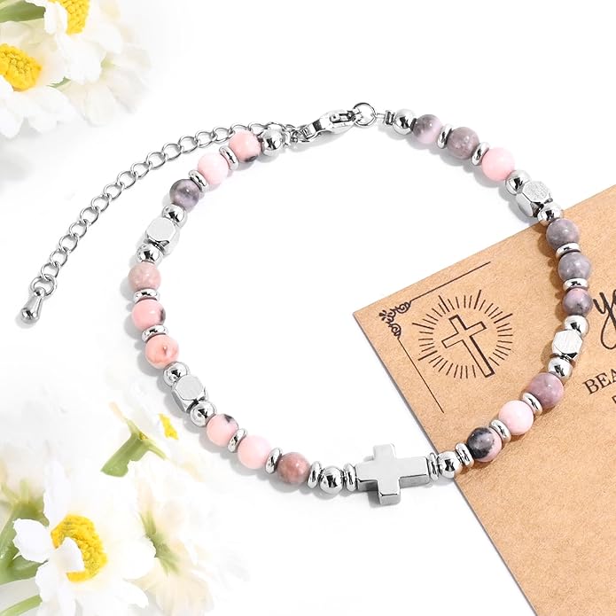 VIBILIA Cross Beaded Bracelets for Women, Inspirational Natural Heart Religious Bracelets for Women, Birthday Christian Gifts for Women on Thanksgiving Christmas Gifts