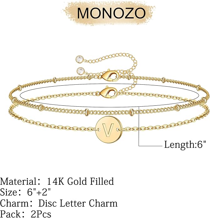 MONOZO Gold Initial Bracelets for Women Girls Christmas Gifts - Dainty 14K Gold Plated Layered Beaded Letter Initial Bracelet 26 Alphabet Disc Monogram Charm Bracelet Jewelry Christmas Gifts for Women