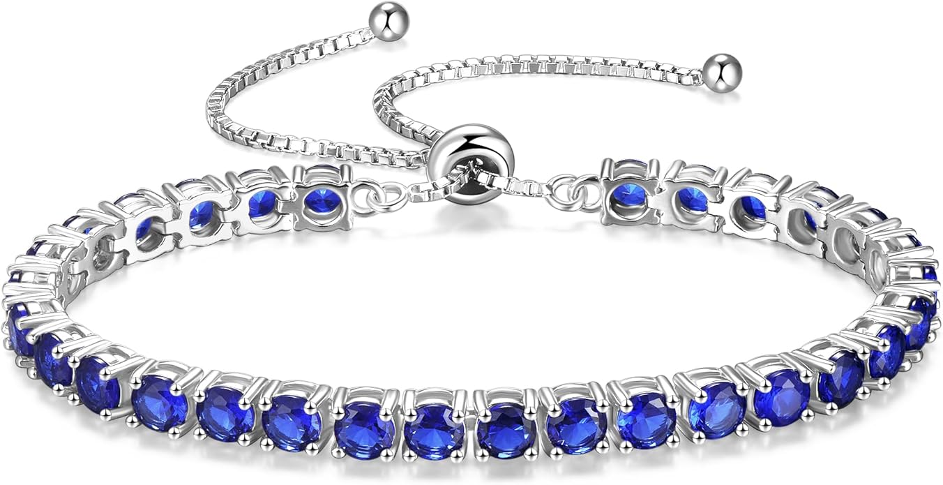 FANCIME Birthstone Bracelet Jewelry for Women Sterling Silver Tennis Bracelet Classic Bolo Adjustable Chain Fine Jewelry Anniversary Birthday Gifts for Women Mom Wife Her
