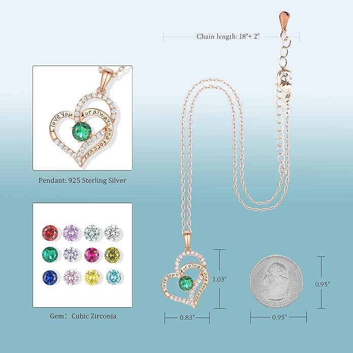 Heart Birthstone Silver Necklace for Women, S925 Sterling Silver Pendant Necklace Birthday Jewelry Gifts for Her Mother Mom Wife Girlfriend