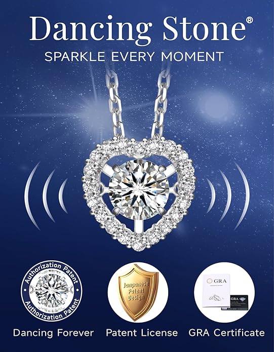 MomentWish Dancing Heart Necklace for Women, 0.5/1 Carat Dancing Moissanite Necklace for Her 925 Sterling Silver Pendant Anniversary Birthday Christmas Gift for Wife Mom Girlfriend