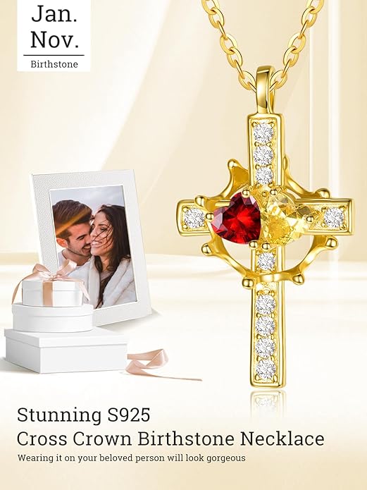 Zeuslia Double Birthstone Necklace Gifts for Wife - 925 Sterling Silver Sunflower/Rose/Crown Cross/Compass/Heart Pendant I Love You Necklace, Anniversary Birthday Gifts for Wife Girlfriend Mom Her