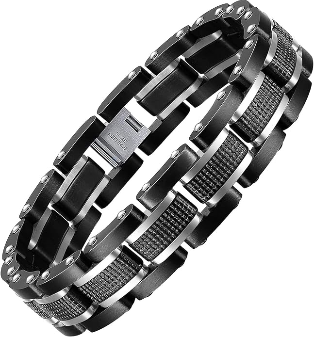 Men's Stainless Steel Two-Tone Square Link diamond Bracelet in Black & Blue Ion-Plated Black