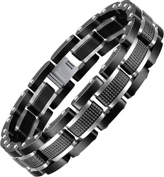 Men's Stainless Steel Two-Tone Square Link diamond Bracelet in Black & Blue Ion-Plated Black