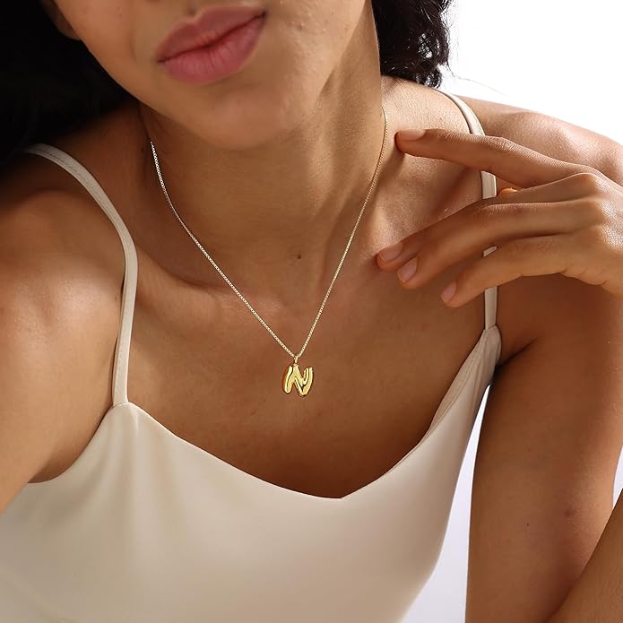 Bubble Gold Silver Letter Necklace Initial Necklaces for Women Trendy 14K Dainty Charm Pendant Name Necklace Personalized Jewelry Gift for Women Teen
