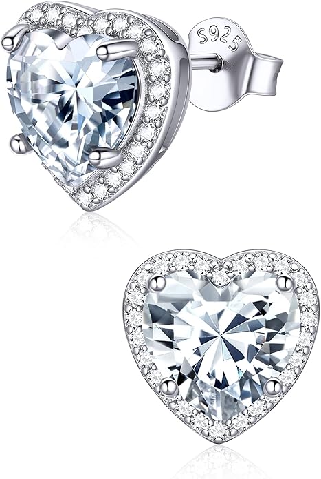 ChicSilver 925 Sterling Silver Birthstone Earrings for Women, 8MM/2 Carat Heart & Round Cubic Zirconia Stud Earrings, Hypoallergenic Jewelry, Ideal Birthday or Christmas Gifts