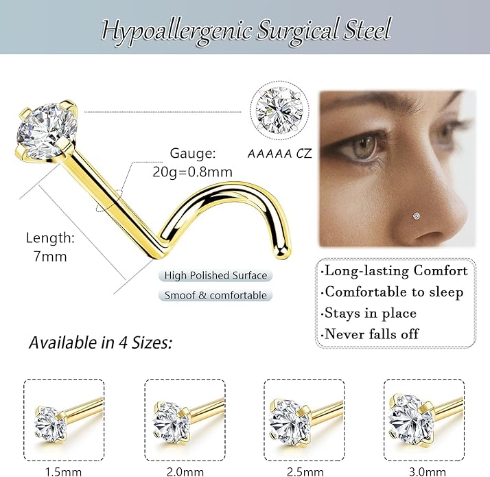 Nose Rings Studs: 8Pcs 20G Gold/Silver 316L Surgical Stainless Steel Nose Studs Hypoallergenic Corkscrew Nose Piercing Stud Jewelry for Women Men Clear Cubic Zirconia Imitation Diamond Top Size 1.5mm 2mm 2.5mm 3mm
