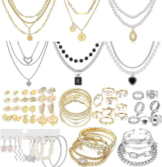 73 Pcs Gold Jewelry Set with 6Pcs Layered Necklace, 11 Pcs anklet and 7Pcs Earring Ear Cuff,12Hoop Earrings ,15pcs Rings,21pcs stud earrings Jewerly set for Women Pack for Friendship Party Gift