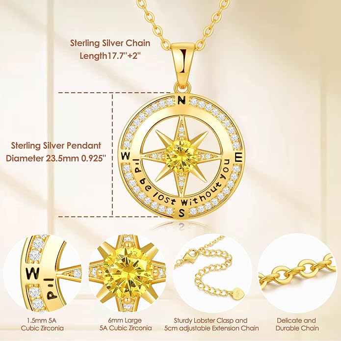 Zifeel Compass Necklace Gifts for Women wife - S925 Sterling Silver Birthstone Necklaces for Women - Anniversary Birthday Gifts for Her Wife Girlfriend - Valentines Mom Mothers Day Christmas Gifts Jewelry for Women
