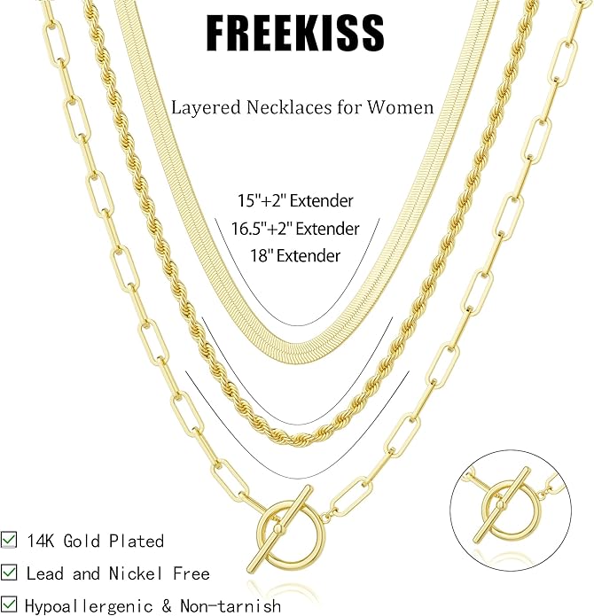 Freekiss Gold Layered Toggle Necklaces for Women: 14K Gold Plated Dainty Link Chain Necklaces Paperclip Cuban Rope Adjustable Choker T-Bar Toggle Clasp Chunky Necklace for Women Trendy Jewelry
