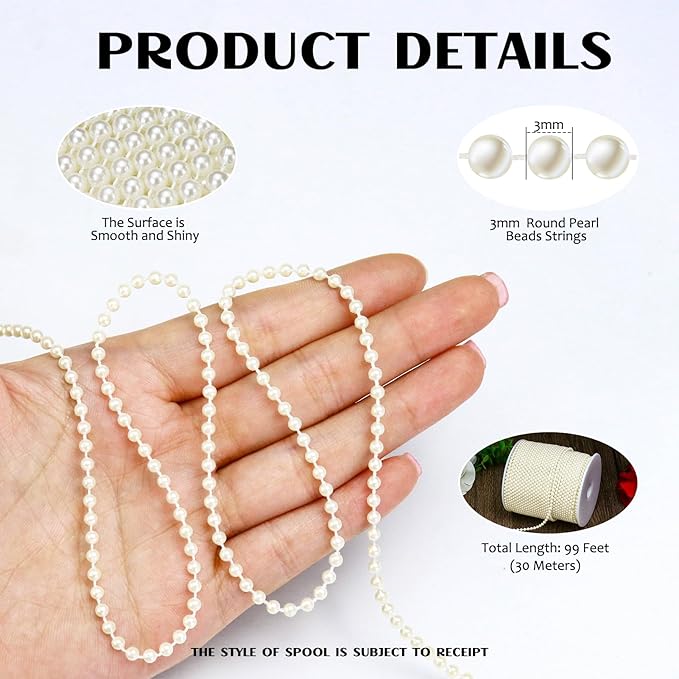 Towenm 99 Feet 3mm Faux Ivory Pearl Strings Garland for Crafts, Artificial Small Pearl Beaded Trim Chain Strands for Wedding Centerpieces Party Decoration Christmas Tree Garland, Ivory