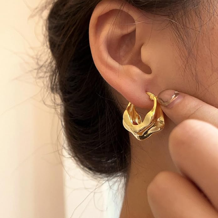 YUJIE Gold Plated Hoop Earrings for Women Brass Earring Chunky Statement Jewelry