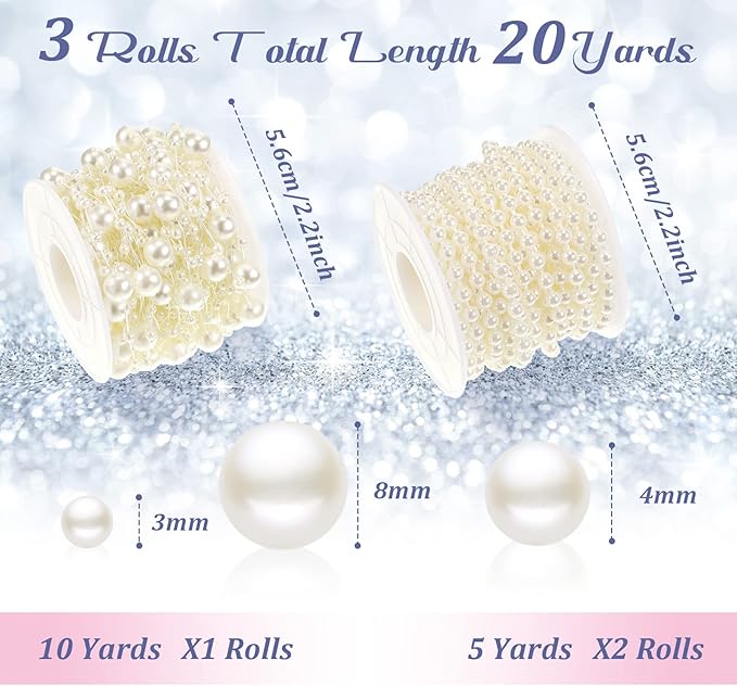 Bonuci 3 Rolls 66 Feet Pearls String Garland Faux Pearl Garland Spool Roll Strand Decoration Artificial Beads Chain Trim for Crafting String of Flowers Valentine Wedding Party(Ivory,4mm)