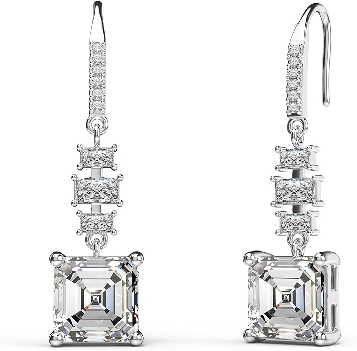 18K White Gold Plated Sterling Silver Asscher Cut Cubic Zirconia Dangle Earrings for Women Square CZ Diamond Drop Dangling Earrings for Women Mom