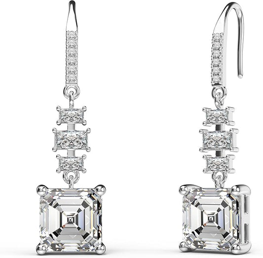 18K White Gold Plated Sterling Silver Asscher Cut Cubic Zirconia Dangle Earrings for Women Square CZ Diamond Drop Dangling Earrings for Women Mom