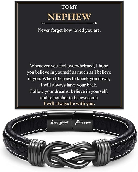 Love You Forever Leather Bracelet Gifts for Men Him Teen Boys, To My Brother Son Grandson Nephew Friend Dad Husband Christmas Birthday Valentines Fathers Day Graduation Back to School Gifts