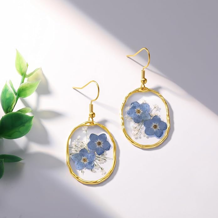 Forget-Me-Not and Queen Anne's Lace Pressed Wildflower Earrings | Pressed Flower Earrings | Handmade Drop and Dangle Earrings | Gift for Woman