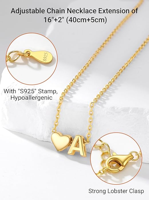 PROSILVER Initial Heart Necklace for Women, 925 Sterling Silver Tiny Heart Letter Necklace Siver, Gold Necklace, Come with Box