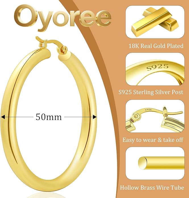 Hoop Earrings for Women, 18K Gold Plated Hoops Earrings, Hypoallergenic Lightweight Comfort Hollow Tube Hoops with Secure Push Lock, Chunky and Sleek Gold Hoops Large Earrings 20/30/40/50/60MM