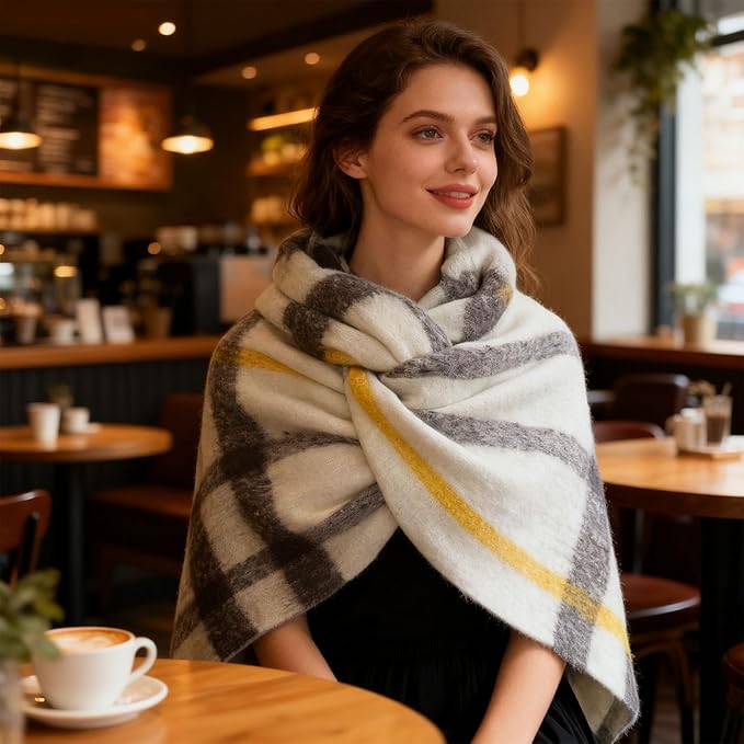 SHOHOKU Large Chunky Plaid Scarf Coloured Checked Oversized Scarf Tassel Soft Fall Winter Thick Warm Shawl Women