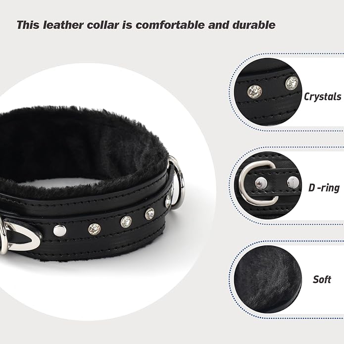 Gothic Punk Choker for Women, Handmade PU Leather Collar with Crystal Rivets Soft Inner Fur Comfortable Necklace