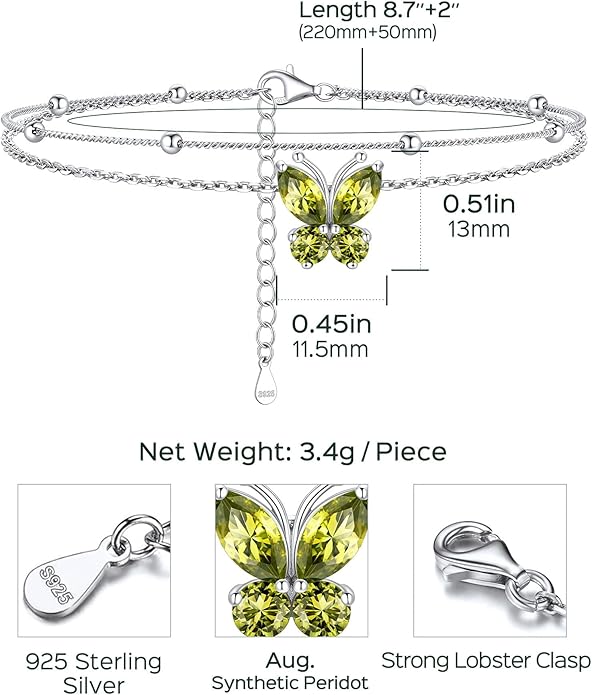 ChicSilver 925 Sterling Silver Anklets for Women Waterproof, Sparkling Birthstone Ankle Bracelets for Women, Adjustable Layered Butterfly Anklet Summer Beach Jewelry